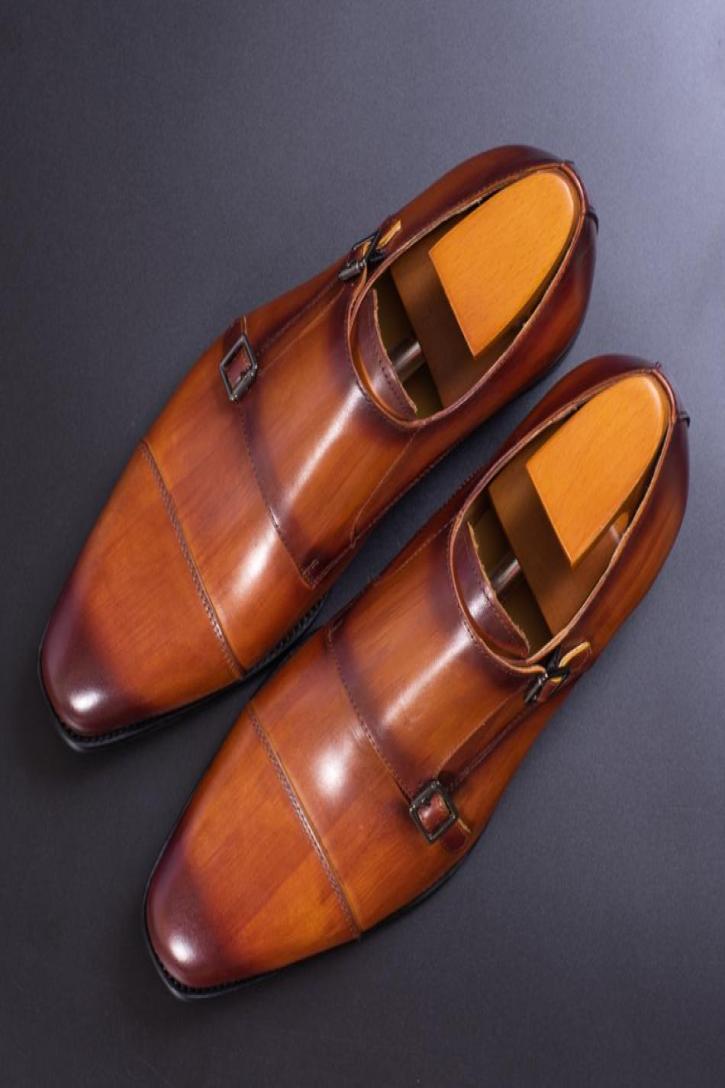 

Genuine Leather Men Formal Shoes Handmade Brown Red Color Office Business Oxford Cap Toe Double Buckle Strap Italy Style Shoe7256678