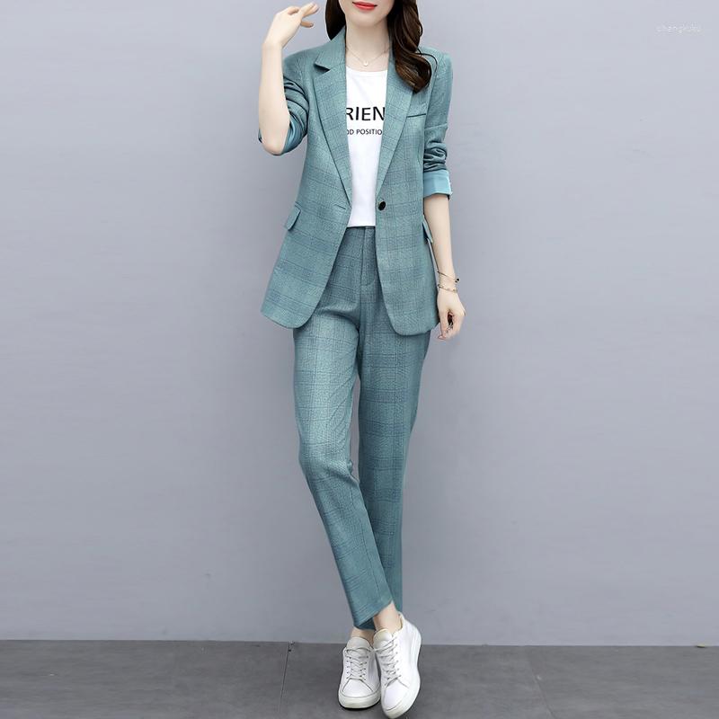 

Women's Two Piece Pants Plaid Lapel Collar Blazer & Set Women 2pcs Clothes Office Lady Suit Suits Spring Autumn Fashion Casual, Green