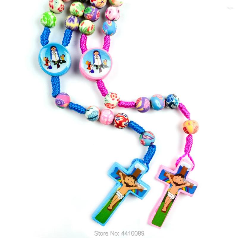 

Pendant Necklaces Kids Rosary Colorful Polymer Bead Boy Blue Girl Pink Wood Fatima Fathers Beads Gift