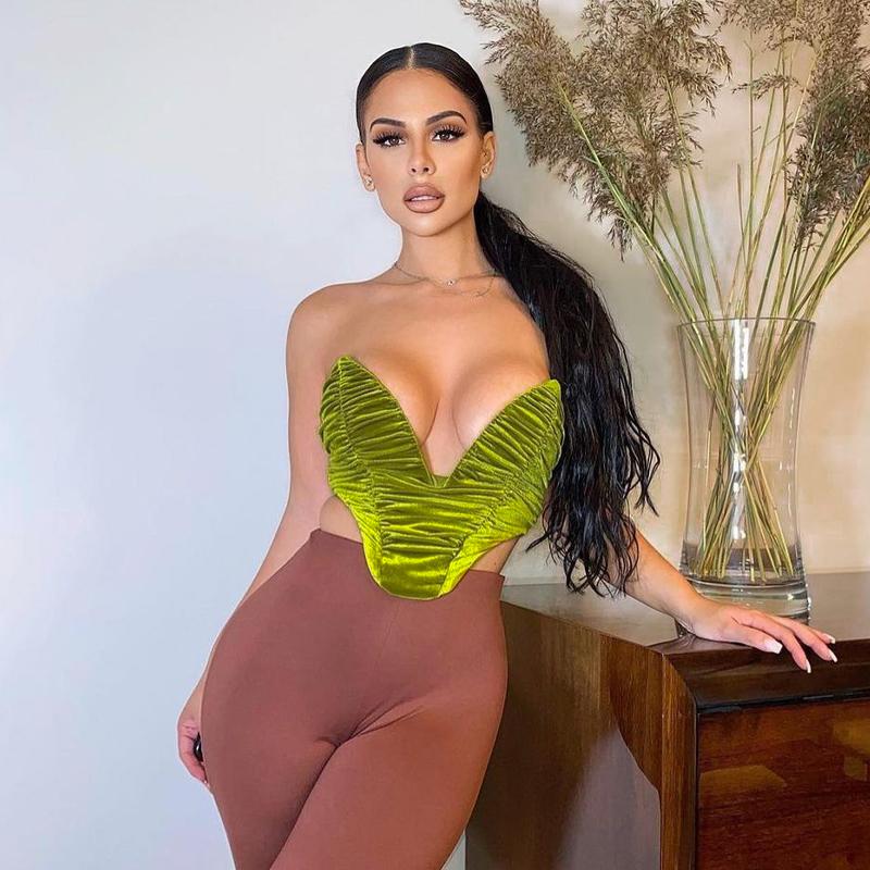 

Women' Tanks & Camis 2023 Clothes Solid Women Velvet Ruched Corset Crop Top V Neck Tube Bodycon Sexy Party Club Festival Streetwear, Green
