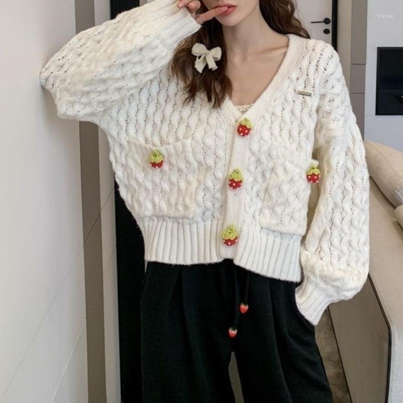

Women' Knits DAYIFUN Strawberry Sweater Cardigans Women Sweet V-neck Decal Short Sweaters Autumn Winter 2023 Jacquard Loose Knitted Coats, White