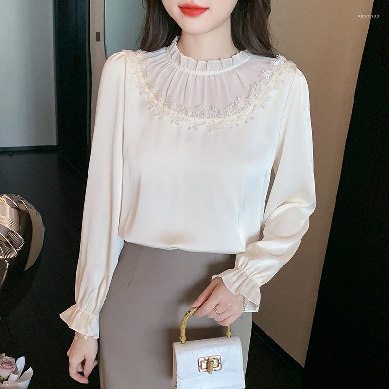 

Women' Blouses Stand Collar Chiffon Top Women' Long Sleeve 2023 Spring Autumn Shirt Pullover Loose Stitching Flowers 130H, Apricot