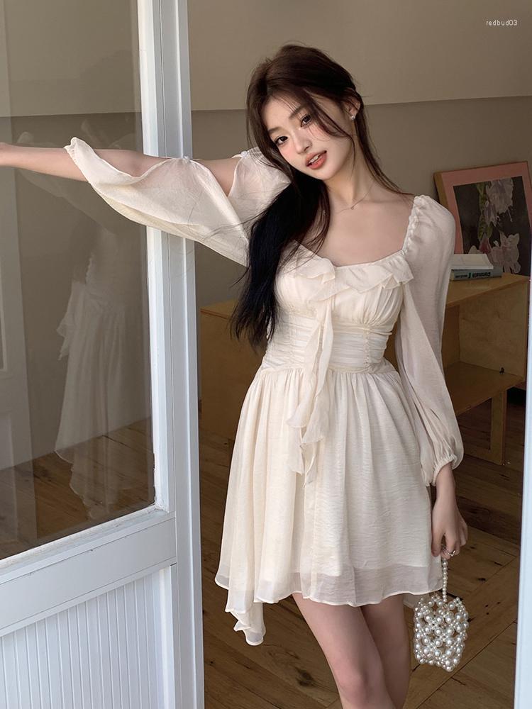 

Casual Dresses Women Simple Bubble Sleeves Long Sleeve Korean Style Mini Design French Ruffles Fairy Dress Summer Trendy Leisure V-neck, Beige
