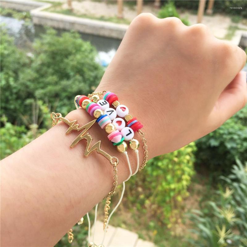 

Strand Trendy Gold Color Plating Metallic Ball With Colorful Polymer Clay LOVE Letter Charm Pulse 4 Layer Bracelet Set For Women Girl