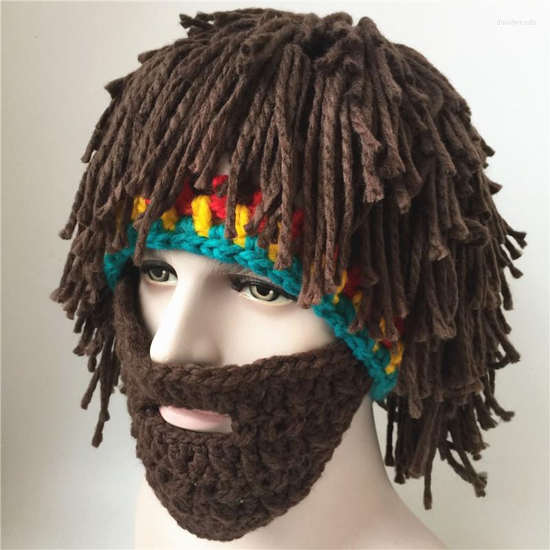 

Berets Funny Wig Beard Hats Handmade Knitted Beanie Rasta Hat With Dreadlocks Christmas Halloween Caps, As picture 05