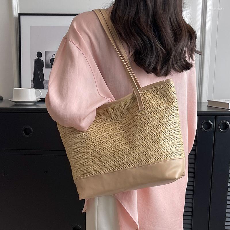 

Evening Bags Korean Large Capacity Handbags Female Shoulder Pu Leather Travel Summer Beach Designer Weave Zipper Tote, Khaki