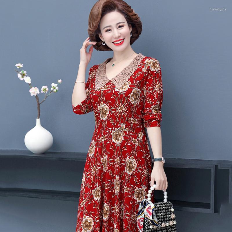 

Casual Dresses Spring Autumn Long-sleeve Dress Middle-aged Women's Fashion Long Plus Size Floral Loose Pullover 5XL, Red