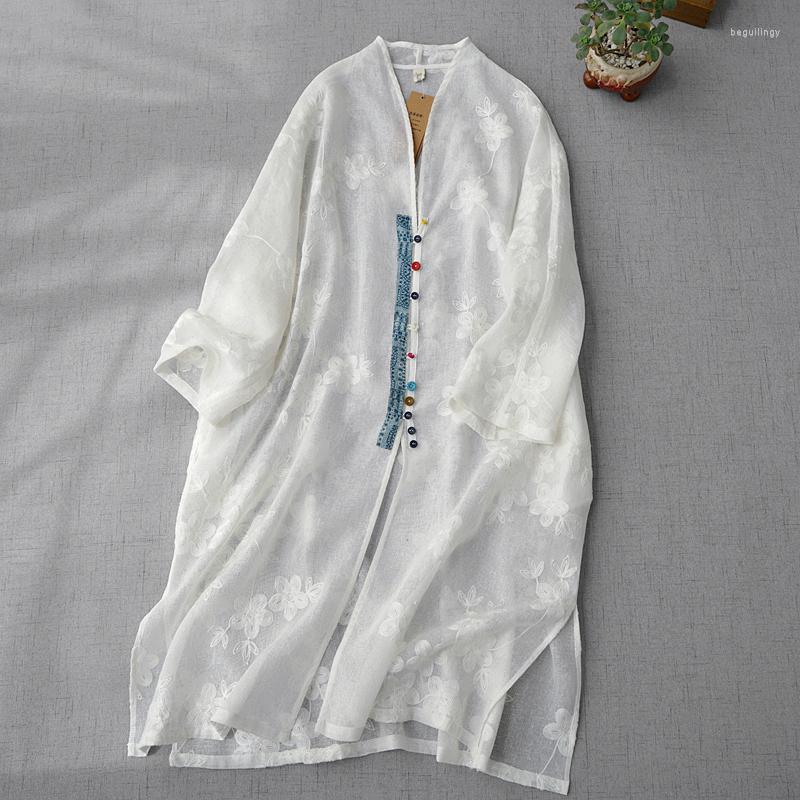 

Women's Blouses Women's Linen Embroidered V-neck Color Button Nine Point Sleeve Shirt Spring And Summer Medium Length Light Sun Proof, Milky white