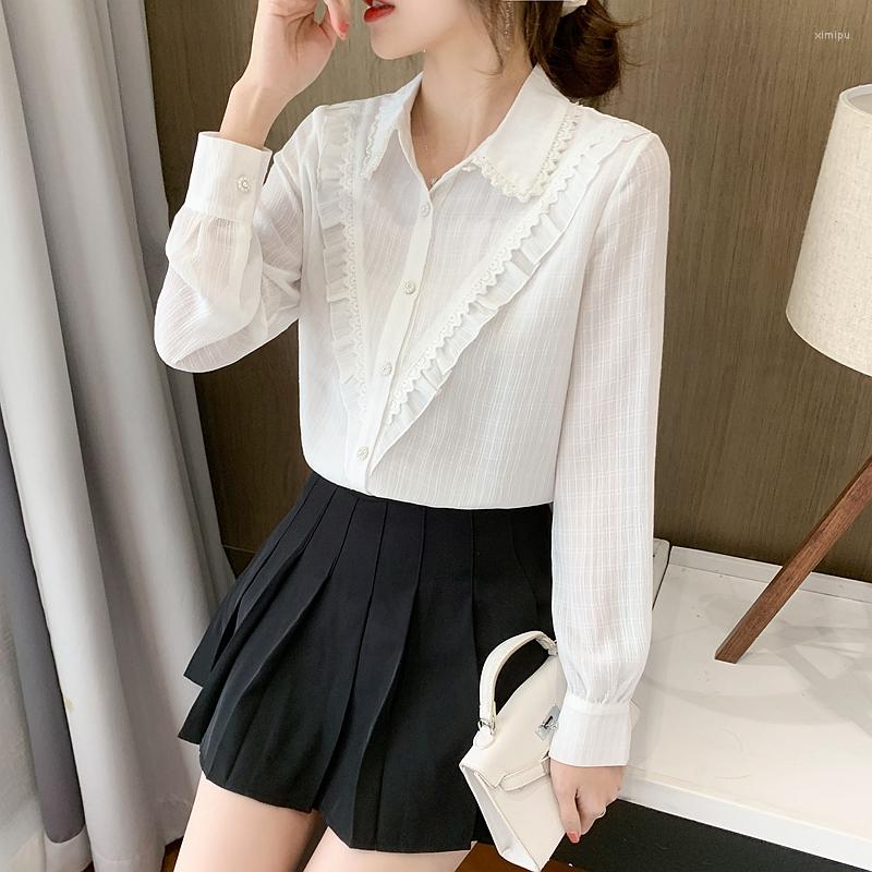 

Women' Blouses 2023 Female Autumn Doll Collar Shirt Long-sleeved Chiffon Fashion Lace Bottoming Ruffled, Beige