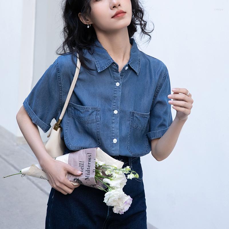 

Women' Blouses 2023 Summer Fashion Single-breasted Korean Vintage Loose Short Sleeve All-match Dark Blue Denim Shirt For Women Z275
