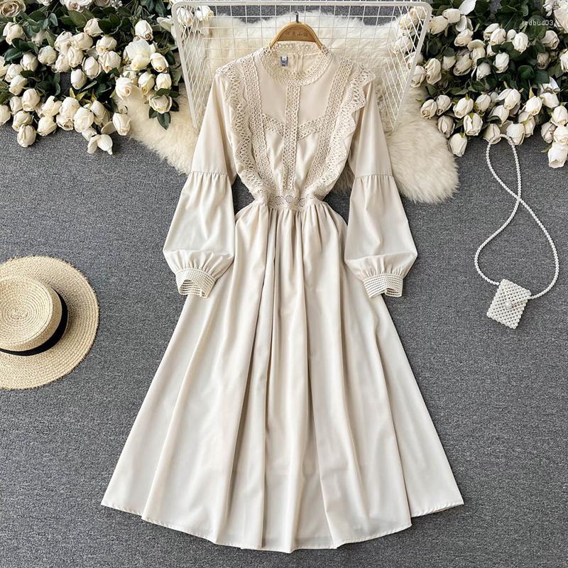 

Casual Dresses Elegant For Women Spring Retro Long-Sleeve Lace Women's Dress Design Niche Wild Loose Bottom Pleated Woman, Apricot