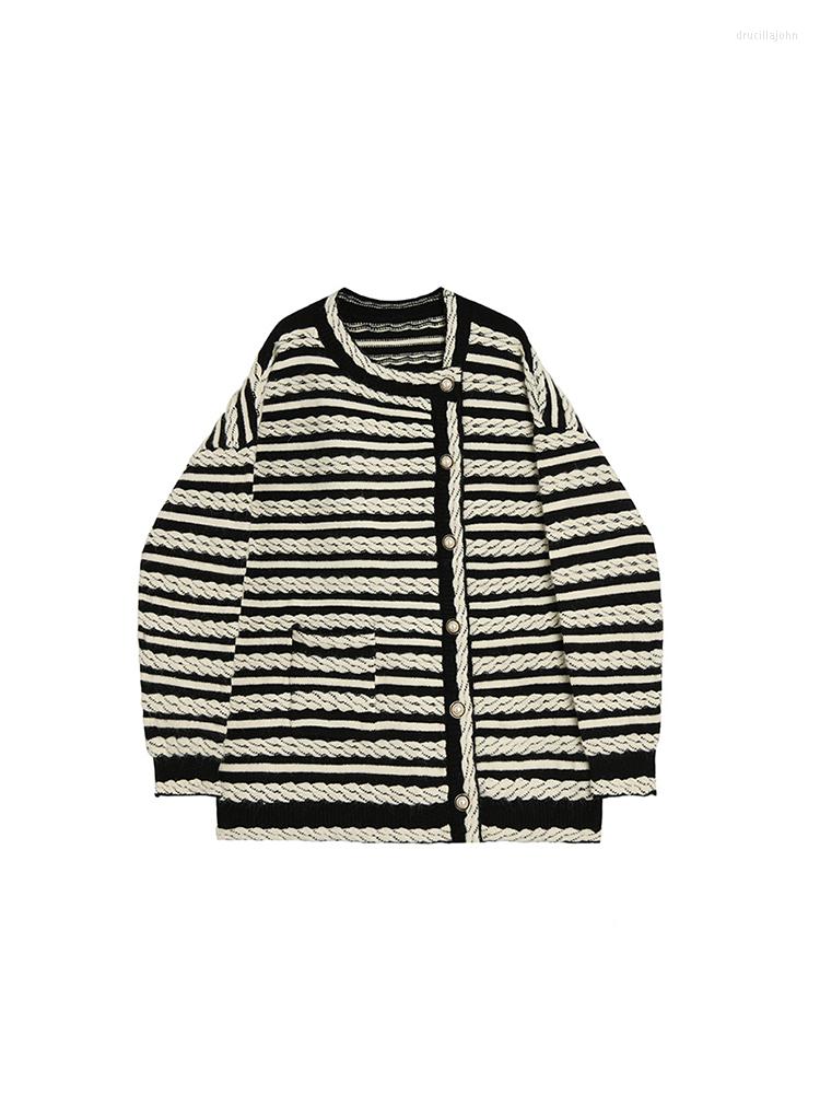 

Women's Knits Autumn Winter Women Crew-neck Contrast Color Striped Design Knitwear Baggy Long Sleeve Pearl Button Knitted Cardigan Sweater, Black