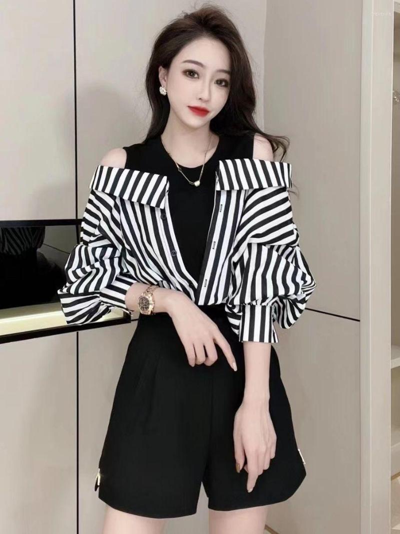 

Women' Blouses Fashion 2023 Spring Autumn Women Vintage Korean Striped Pullover Shirts Female Casual Long Sleeve Loose Tops S45, Black