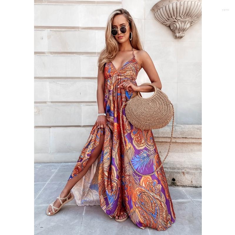 

Casual Dresses Women' Dress Summer Sexy Pleated Loose Backless V-neck Sleeveless Spaghetti Strap Halterneck Printed, Black