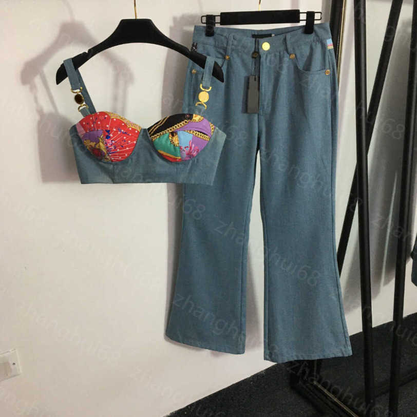 

23ss Casual suit womens designer clothing women pants sets Gold button-down Strapless Suspender top flared denim trousers sets High quality women clothes a1, 11