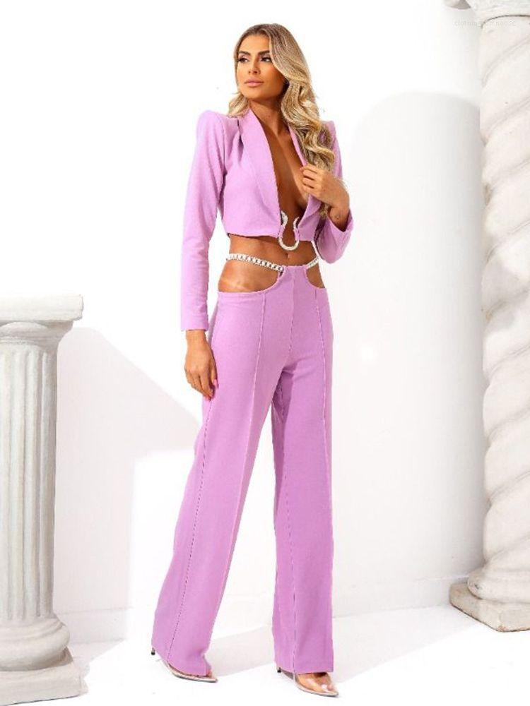 

Women's Two Piece Pants HIGH QUALITY Fashion 2023 Designer Blazer Suit Set Deep V Sexy Short Chain Belt, Red