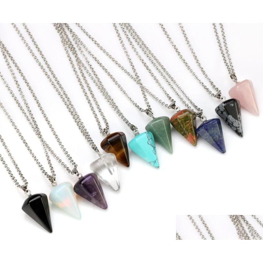 

Pendant Necklaces Natural Gemstone Necklace Crystal Healing Chakra Reiki Stone Hexagonal Prisme Cone Pendum Charm Drop Delivery Jewe Dh2Oc