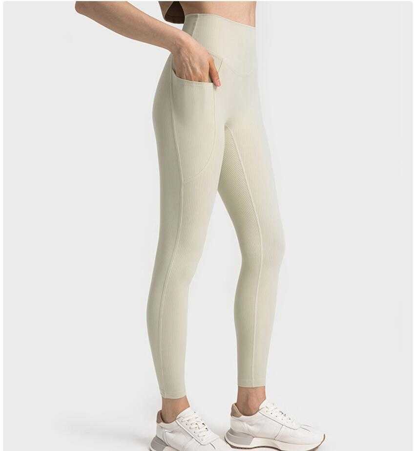 

LU-392 Striped Rib No T-line Side Pocket Yoga Pants High Waist Tight Abdomen Running Sports Cropped Gym leggings for Women, Purple red