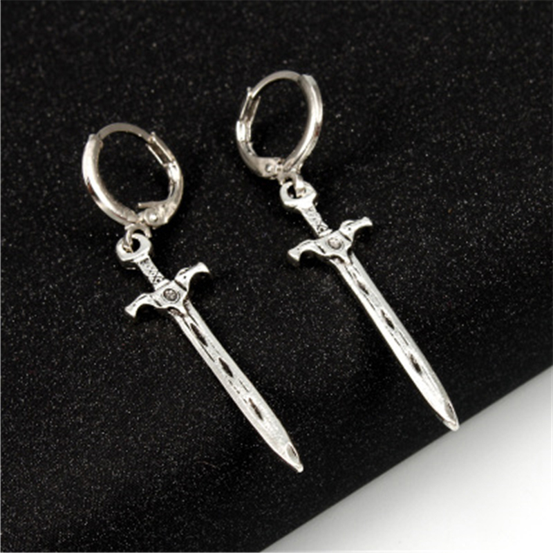 

Vintage Sword Shape Hoop Earrings Silver Color Punk Jewelry Statement Pendant Design Retro Eardrop