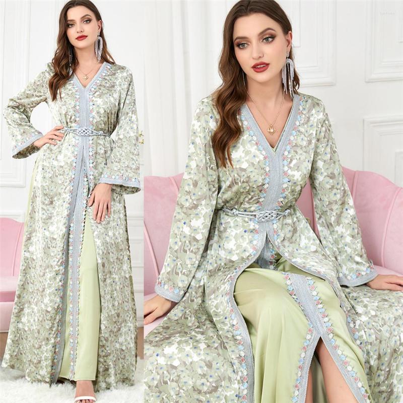 

Ethnic Clothing Two Pieces Abaya Set Women Vest Long Dress With Printed Outerwear Mubarak Eid Muslim Moroccan Caftan Arabic Oman Dubai