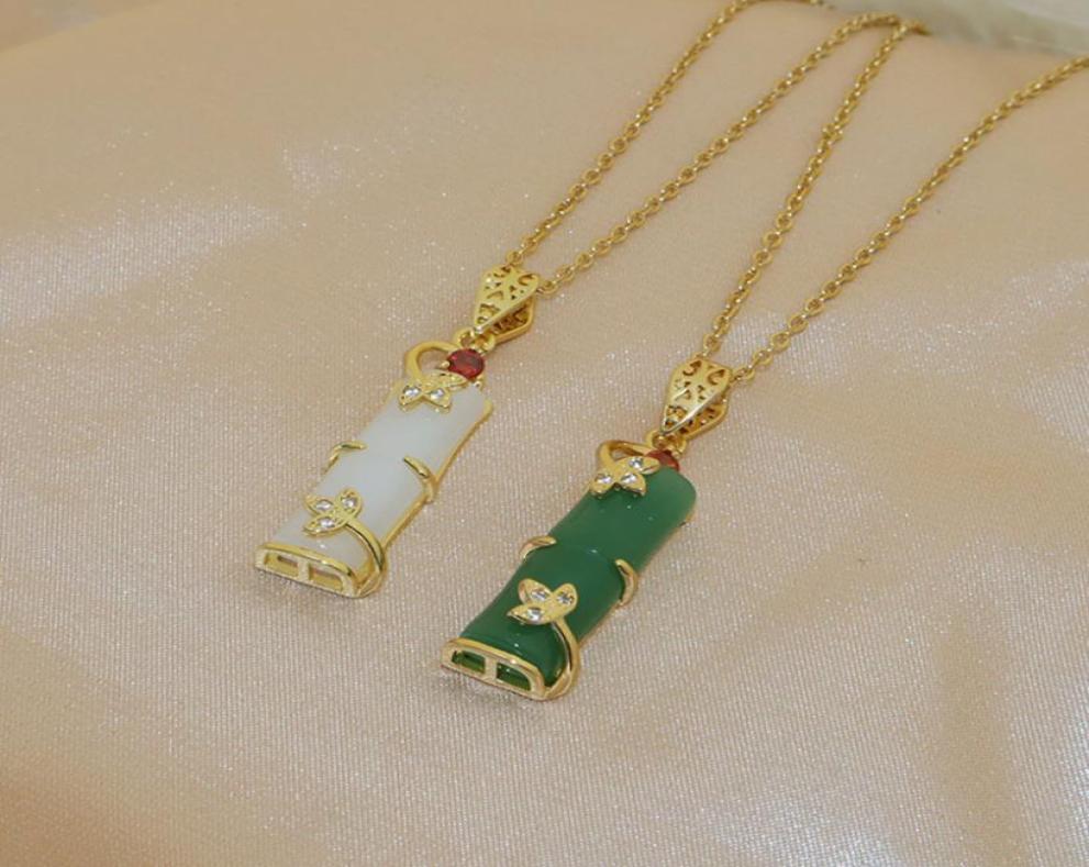 

Green jade knot titanium steel necklace female fashion wealthy bamboo clavicle chain simple ethnic style jewelry9969298