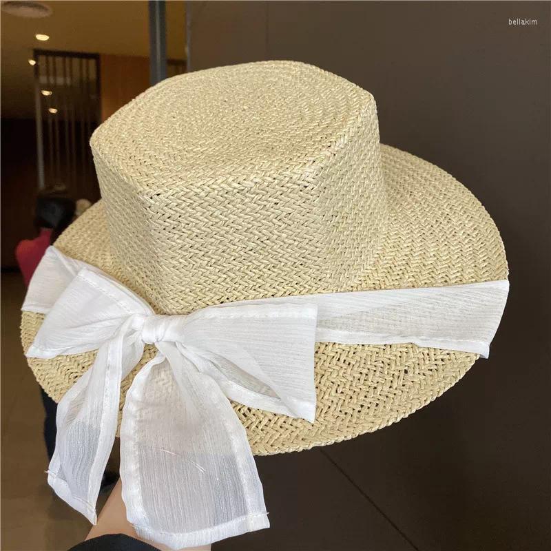 

Berets Hat Top Summer Ladies Big Brim Retro Flat Straw Sun Beach French Wheat Fedora