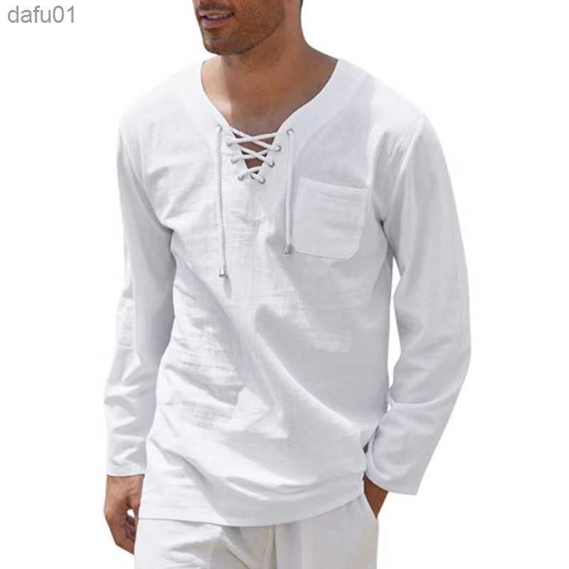 

Men's T-Shirts Summer New Men's Long Sleeves T-shirt Cotton Linen Clothes V Neck Lace-up Loose Tops Tees Shirt Beach Casual Pullover S-4XL L230520, 18