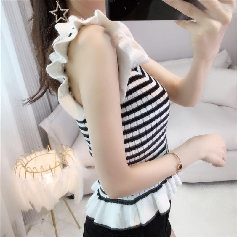 

Women's Tanks Summer 2023 Sweet Fresh Striped Sleeves Bottom Camisole Female Outerwear Knitwear Student Tank Top Crop Tops, White