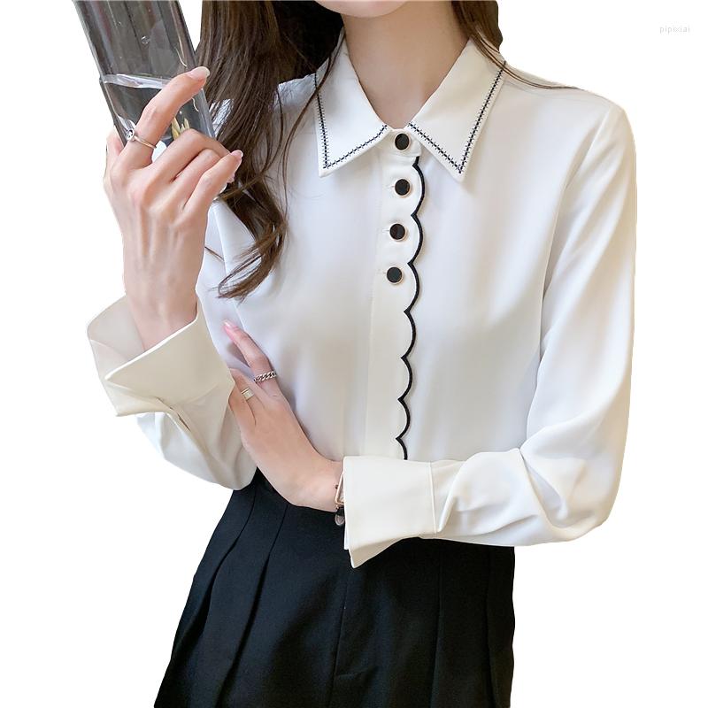 

Women' Blouses Wholesale 2023 Spring Summer Autumn Fashion Casual Chiffon Women Shirt Woman Female OL Button Up Py1373, White