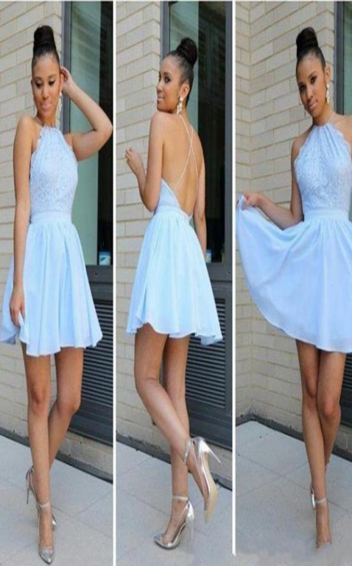 

2019 New Cheap Sweet 16 Blue Homecoming Dresses Halter Lace Appliques Chiffon Short Prom Dress Party Dress Cocktail Gowns4064559, Hunter
