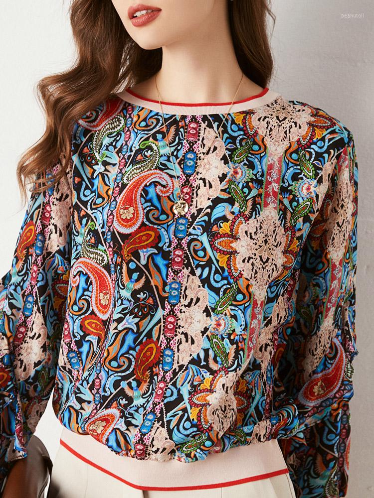 

Women' Blouses Mulberry Silk Blouse ELegant Shirt Top Round Neck Ethnic Style Printing Thin Real Women