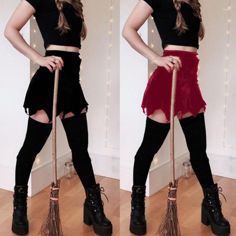 

Skirts Gothic High Waist Velvet Mini Skirt Women Halloween Sexy Package Hip Asymmetrical Hem Nightclub Party Cosplay Solid Color, Red