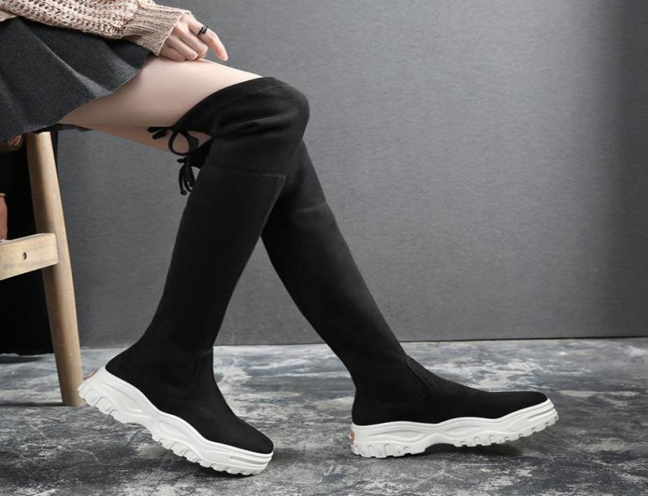 

Elastic Overtheknee Women Boots Fashion 2020 Round Toe AutumnWinter Boots with Platform YHA0114347575, Black