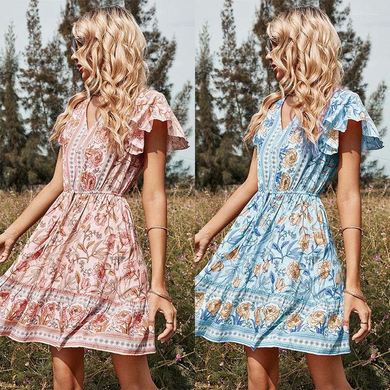 

Party Dresses Spring And Summer Short-sleeved V-neck Pink Mid-length Printed Dress, Blue