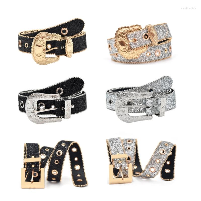 

Belts Shinning Relief Pattern Buckle Waist For Jeans Adjustable Belt Cowboy Cowgirl Teens Female Waistband, Black