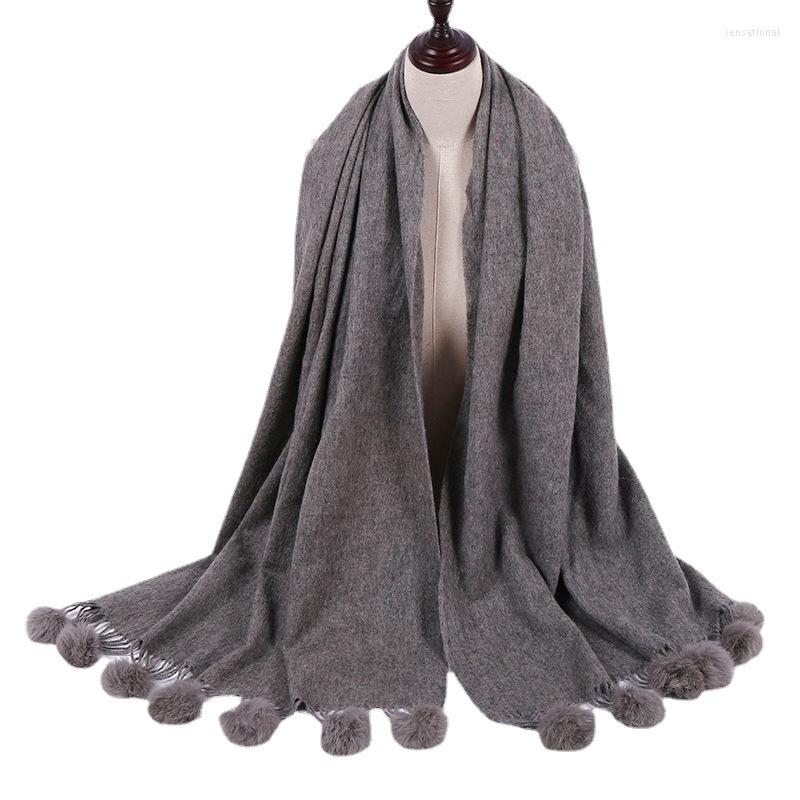 

Scarves Winter Cashmere Wool Pashmina Scarf Muffler Woman Autumn Shawl With Real Fur Pompom Tassel