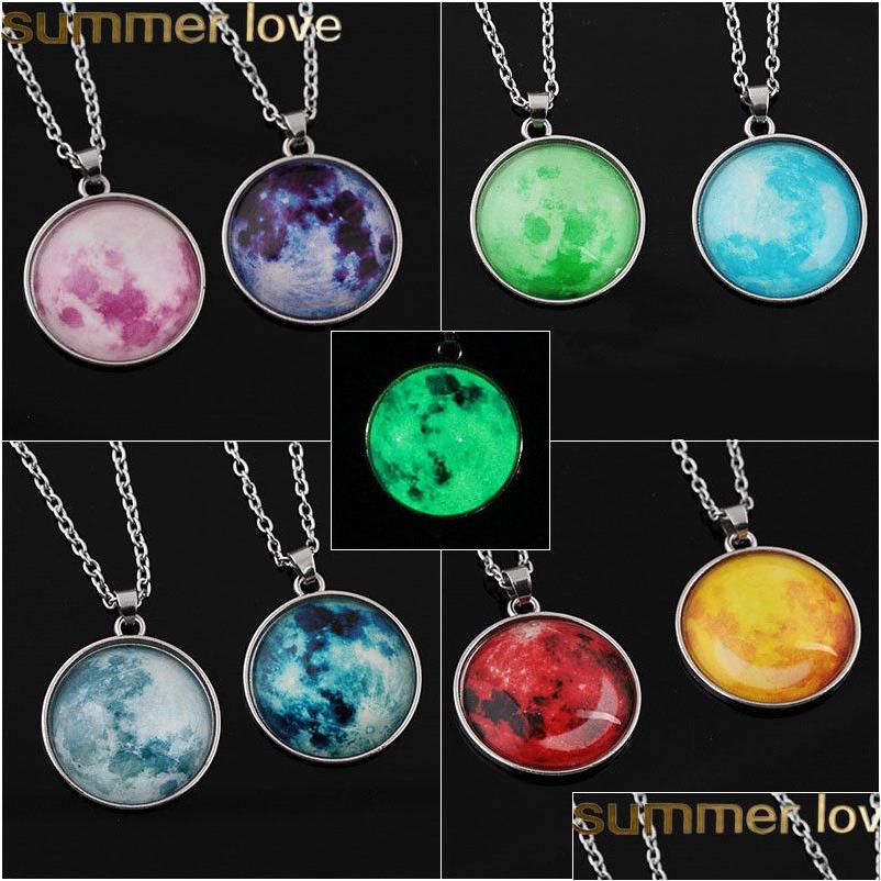 

Pendant Necklaces Galaxy Neba Moon Luminous 8 Colors Fashion Glass Cabochon Sier Chain Necklace Glow In The Dark Jewelry Drop Delive Dhrjn