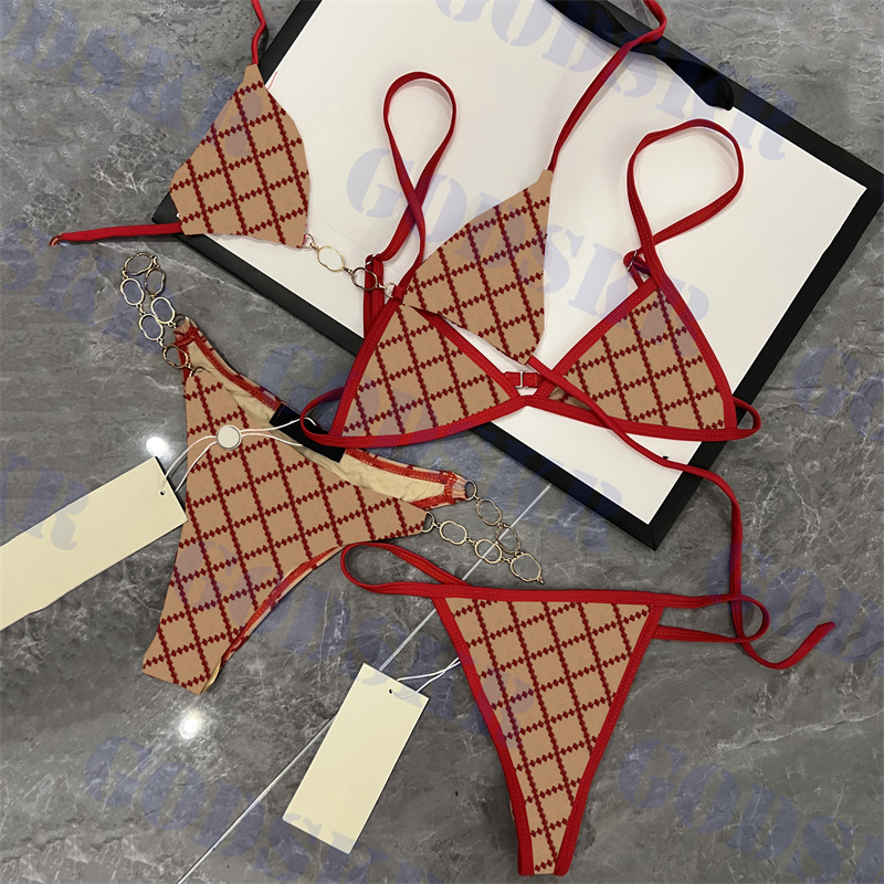 

Red Letter Embroidery Bikini Gold Chain Swimwear Womens Bra Lace Underwear Sexy Ladies Swimsuit, Pls contact me real pic