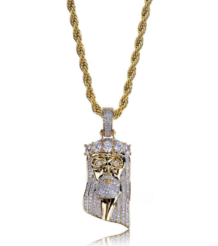 

Fashion Copper Gold Color Plated Iced Out Jesus Face Pendant Necklace Micro Pave Big CZ Stone Hip Hop Bling Jewelry9811220