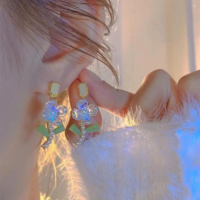 

Dangle Earrings Temperament Pearl Crystal Flower Women's S925 Silver Needle Summer Small Stud Unique Design Korean Jewelry