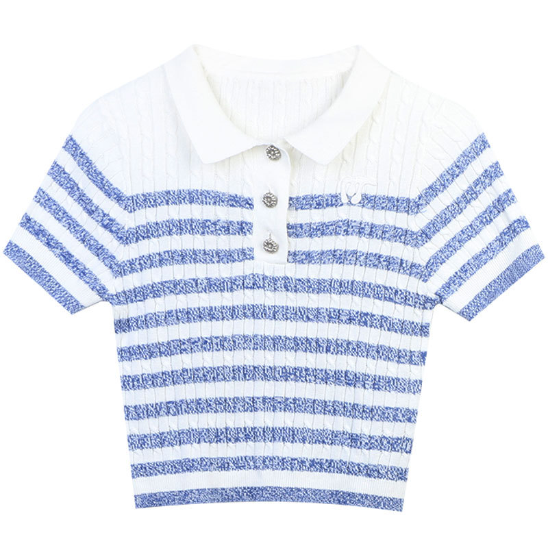 

516 L 2023 Summer Sweaters Women' Pullover Sweater Blue Striped Lapel Neck Short Sleeve Brand Same Style Women' xiurong