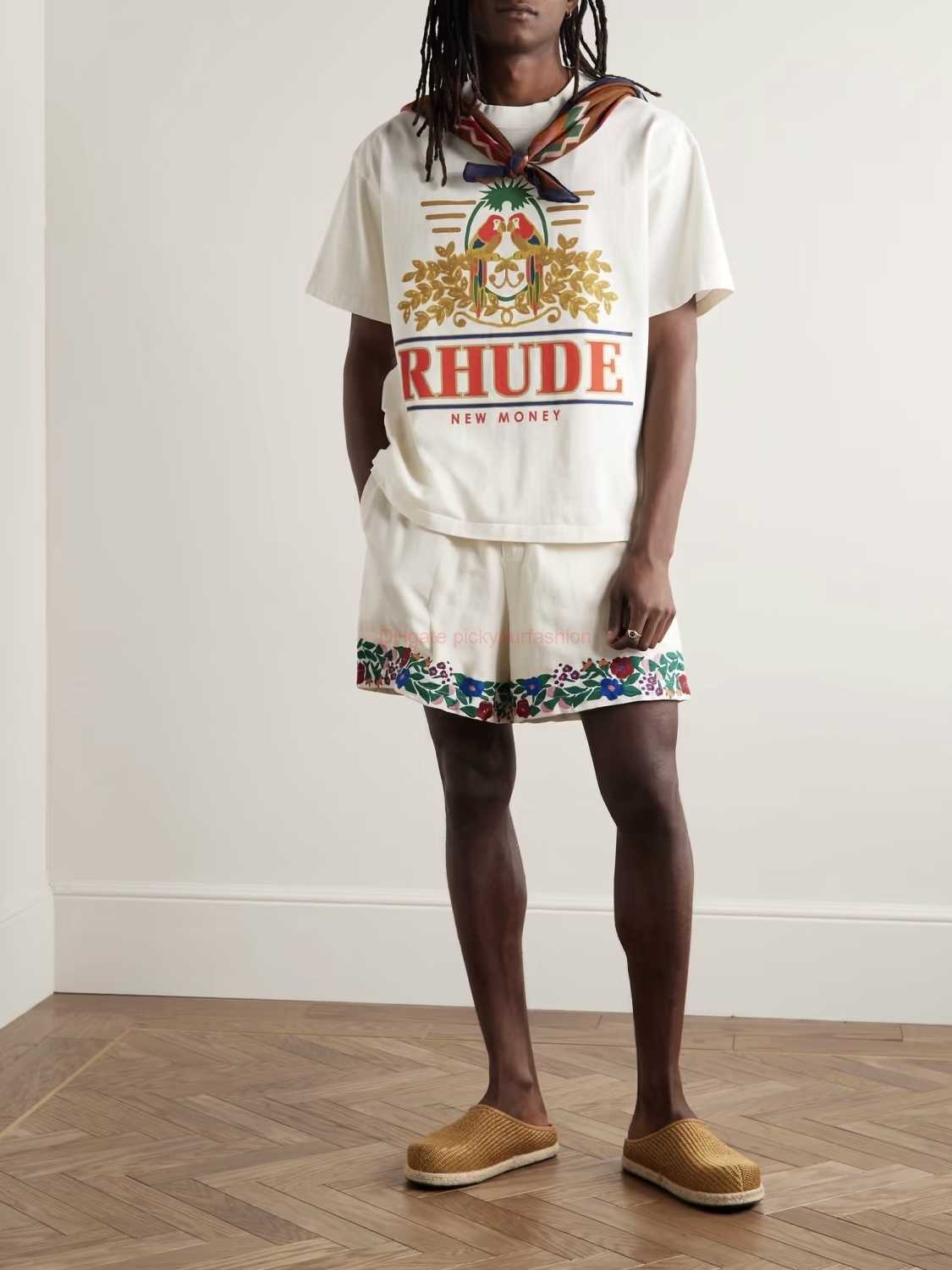 

Designer Fashion Clothing Tees Tshirt Rhude American High Street Macaw Flower Slogan Printed Hiphop Loose Fitting Couple Short Sleeved Tshirt Trend Cotton Streetw, Creamy-white