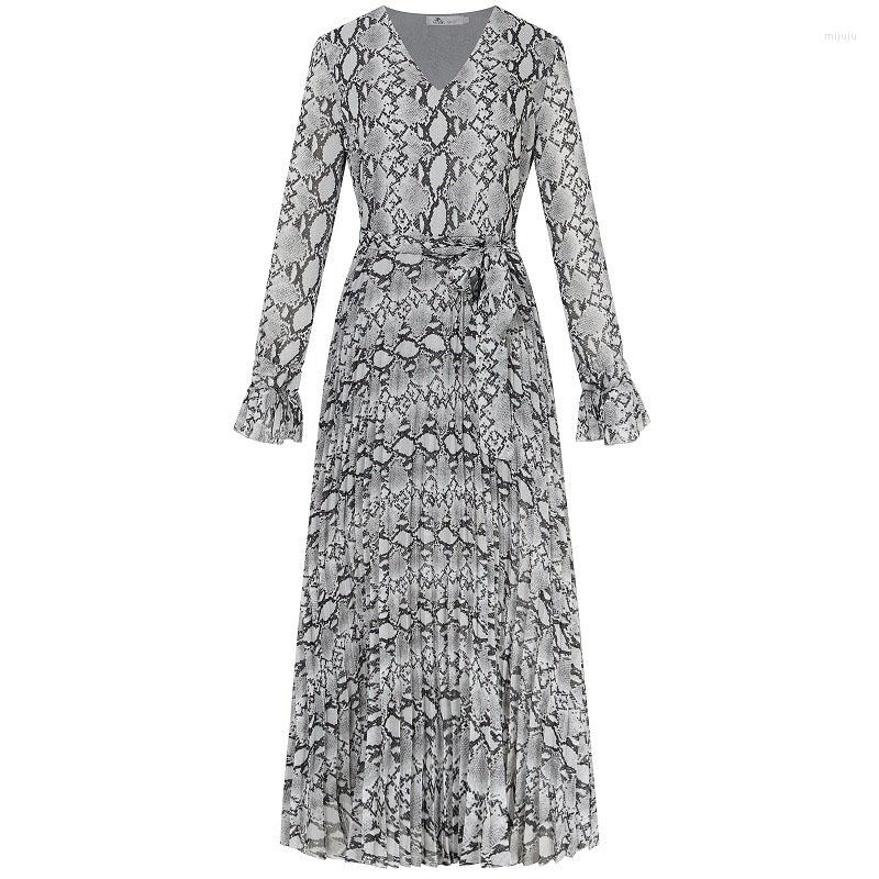 

Casual Dresses V-neck Snake Print Long Sleeves Pleated Sexy Chiffon Women Dress 2023 Fashion Spring Summer Women' NBH71, Photo color