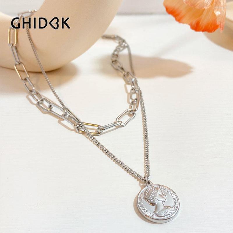 

Pendant Necklaces GHIDBK Stainless Steel Chunky Paper Clip Chain Double Layered Medallion Coin Necklace For Women Jewelry Everyday