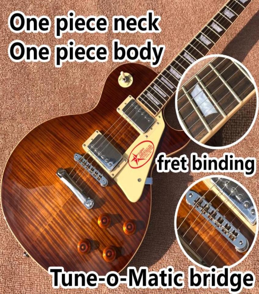 

Whole custom onepiece neck and onepiece sunburst body electric guitar upgrade TuneoMatic bridge guitar Tiger Flame guitar4608864