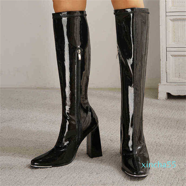 

Designer Boots Winter Shoes Woman New Style Square Head Thick Heel Bright Leather High Long Tube Women Large Side Zipper Middle, Black