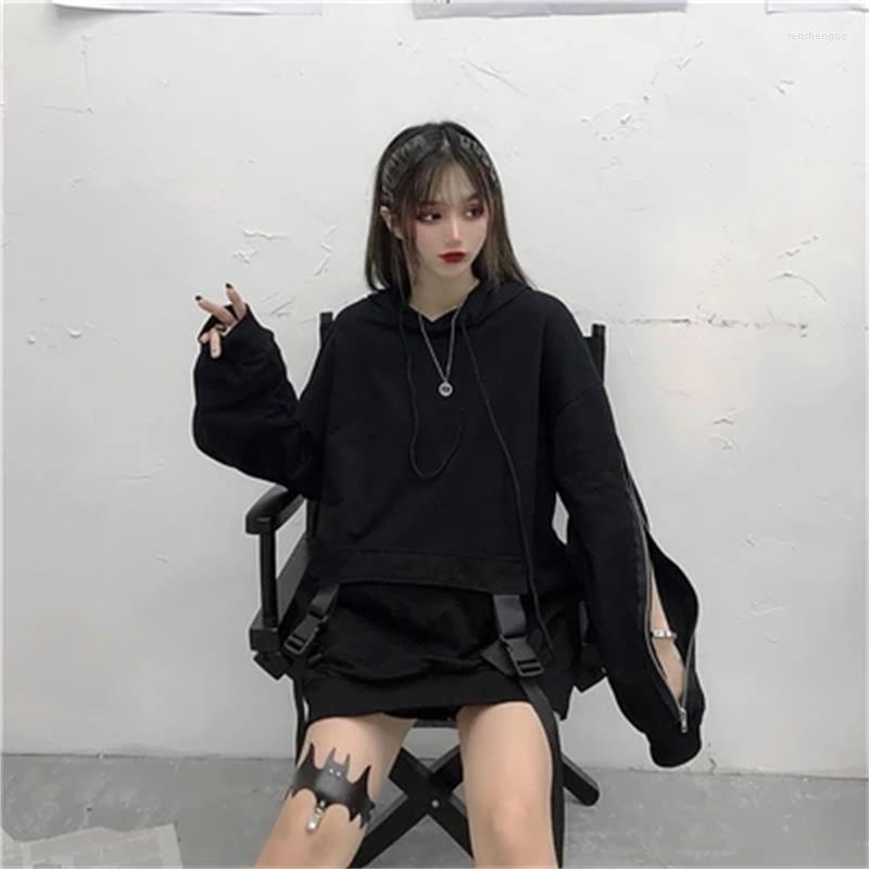 

Women' Hoodies Dark Women' Autumn Sleeve ZIP Open Large Pocket Design Ribbon Small Personality Loose Hoodie, Black