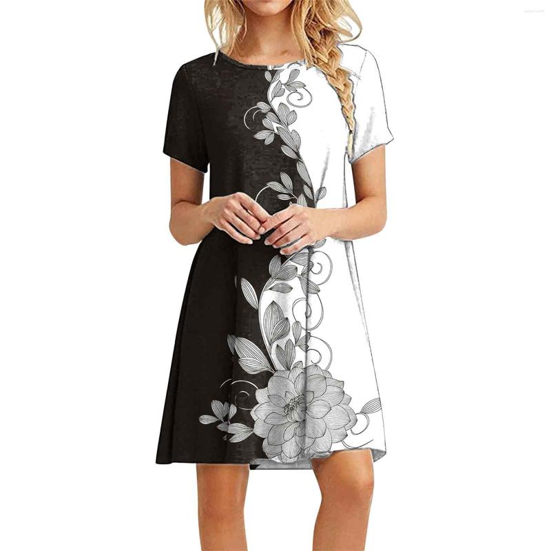 

Casual Dresses Party Dress Women Round Neck Short Sleeve Loose T Shirt Mid Hawaii Floral Pattern Vintage Summer, Black