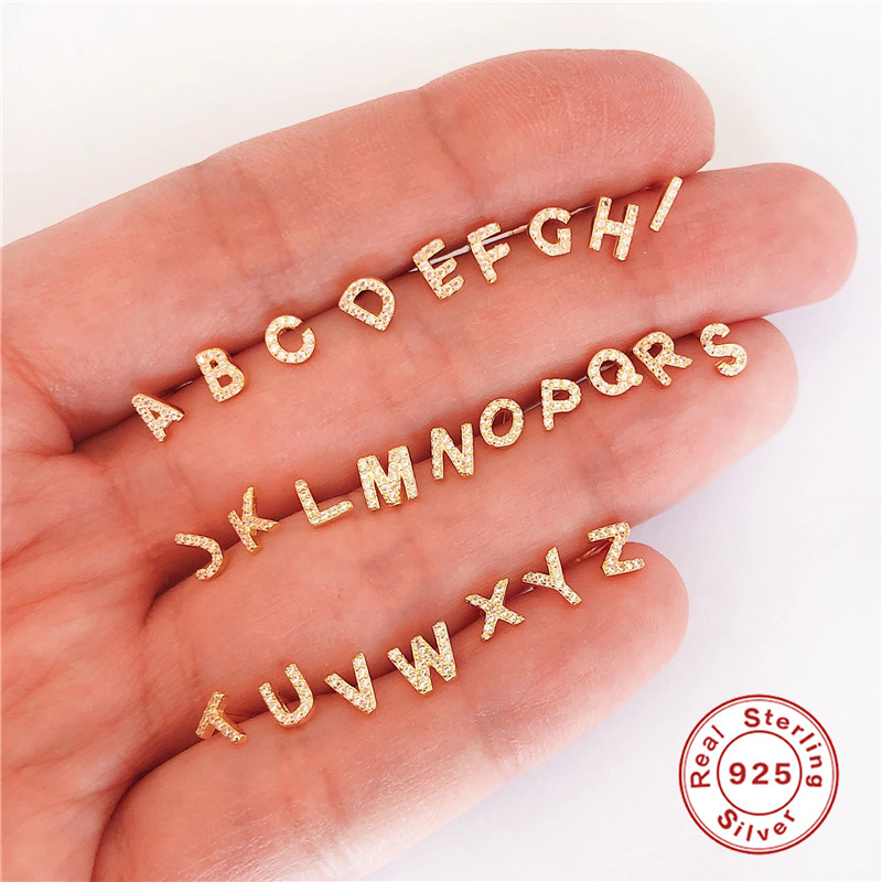 

CANNER Pendientes 925 Sterling Silver Initial Letter Earring For Women Micro Inlaid Cubic Zircon A-Z 26 Letters Stud Earrings