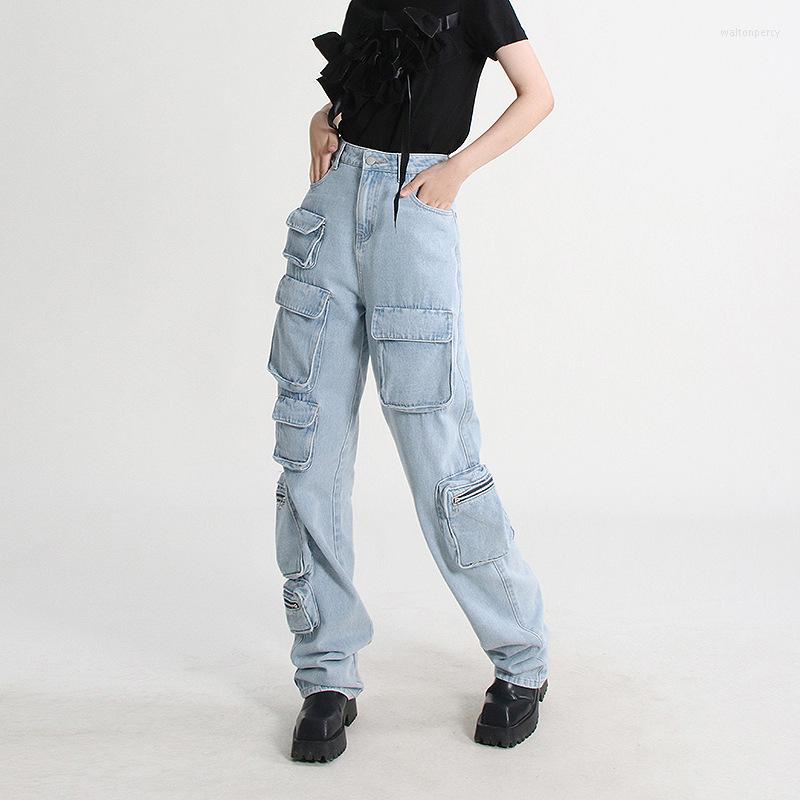 

Women' Jeans Street Individualized Heavy Industry Denim Panel Pants 2023 Autumn And Winter Large Pocket Zipper Washed Old, Blue
